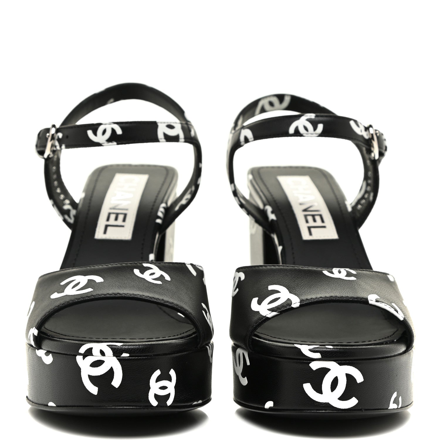 Chanel Printed Lambskin CC Platform Sandals 35 Black White 2 of 9