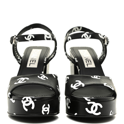 Chanel Printed Lambskin CC Platform Sandals 35 Black White 2 of 9