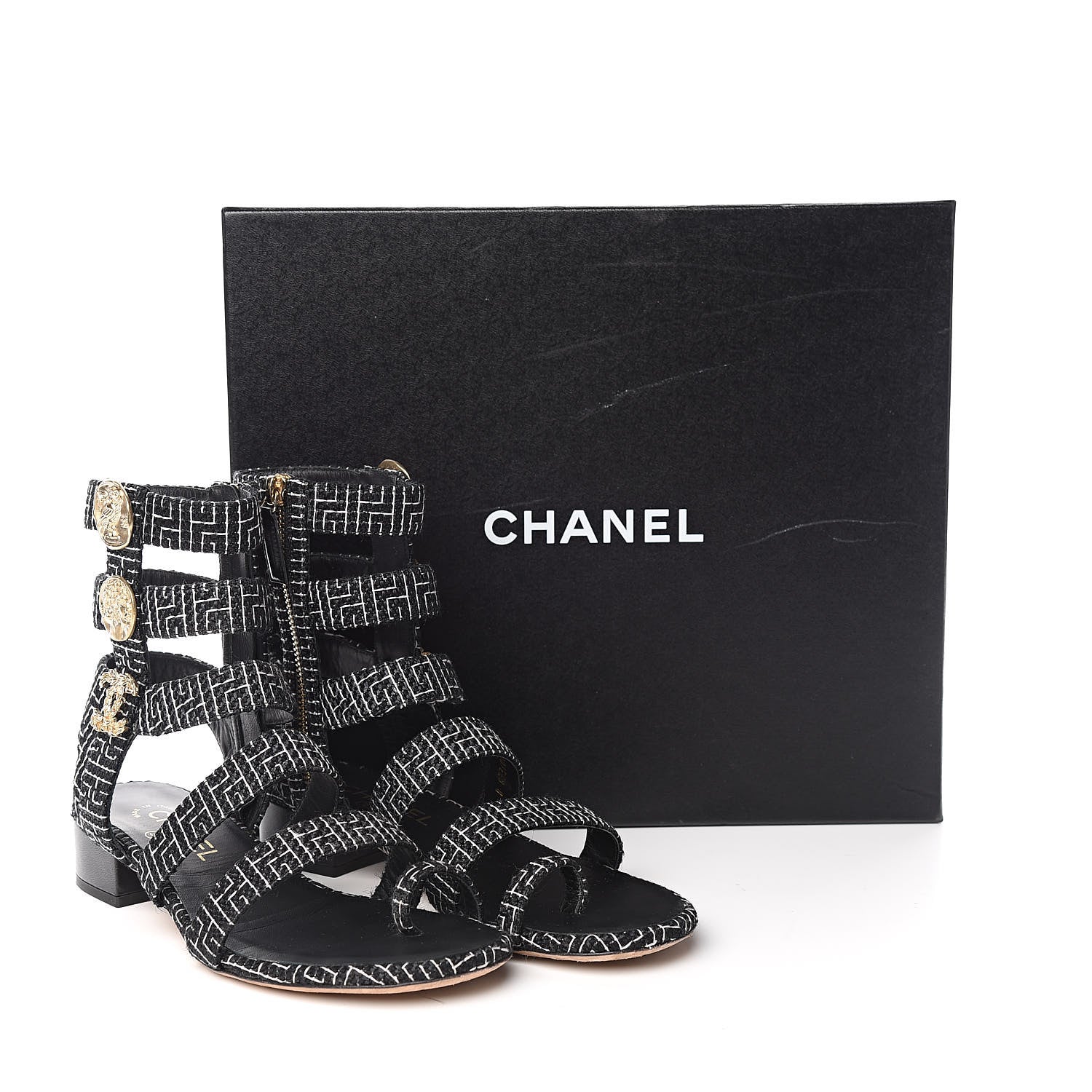 Chanel Tweed Medallion Gladiator Sandals 38.5 Black 11 of 11