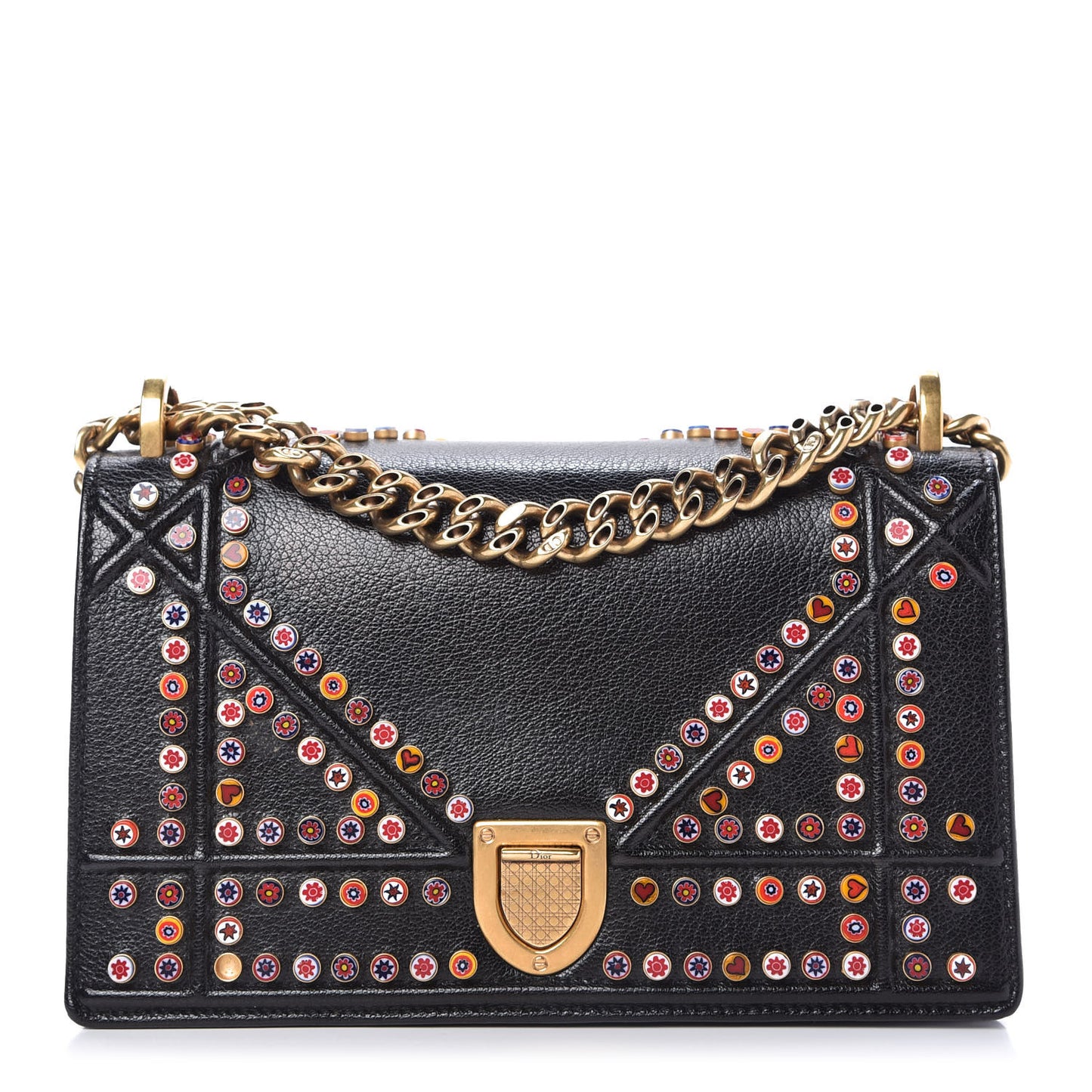 Calfskin Studded Small Diorama Flap Bag Black Multicolor