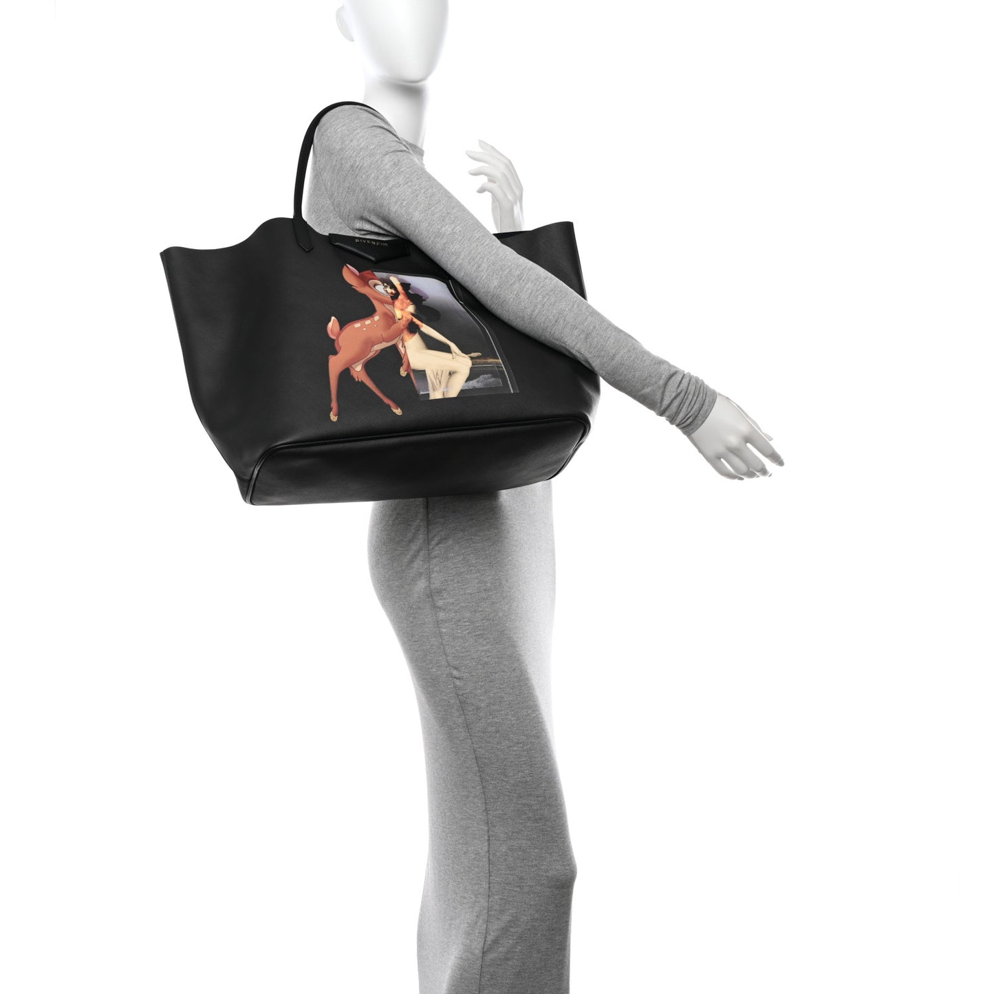 Textured Coated Canvas Bambi Print Large Antigona Tote Black
