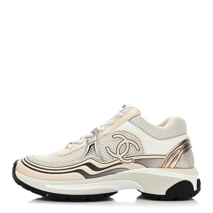 Chanel Fabric Laminated Calfskin Stretch CC Womens Sneakers 36.5 White Gold Silver 1 of 10