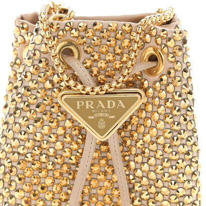 Prada Satin Crystal Metal Triangle Logo Mini Drawcord Pouch Shoulder Bag Platino 9 of 11