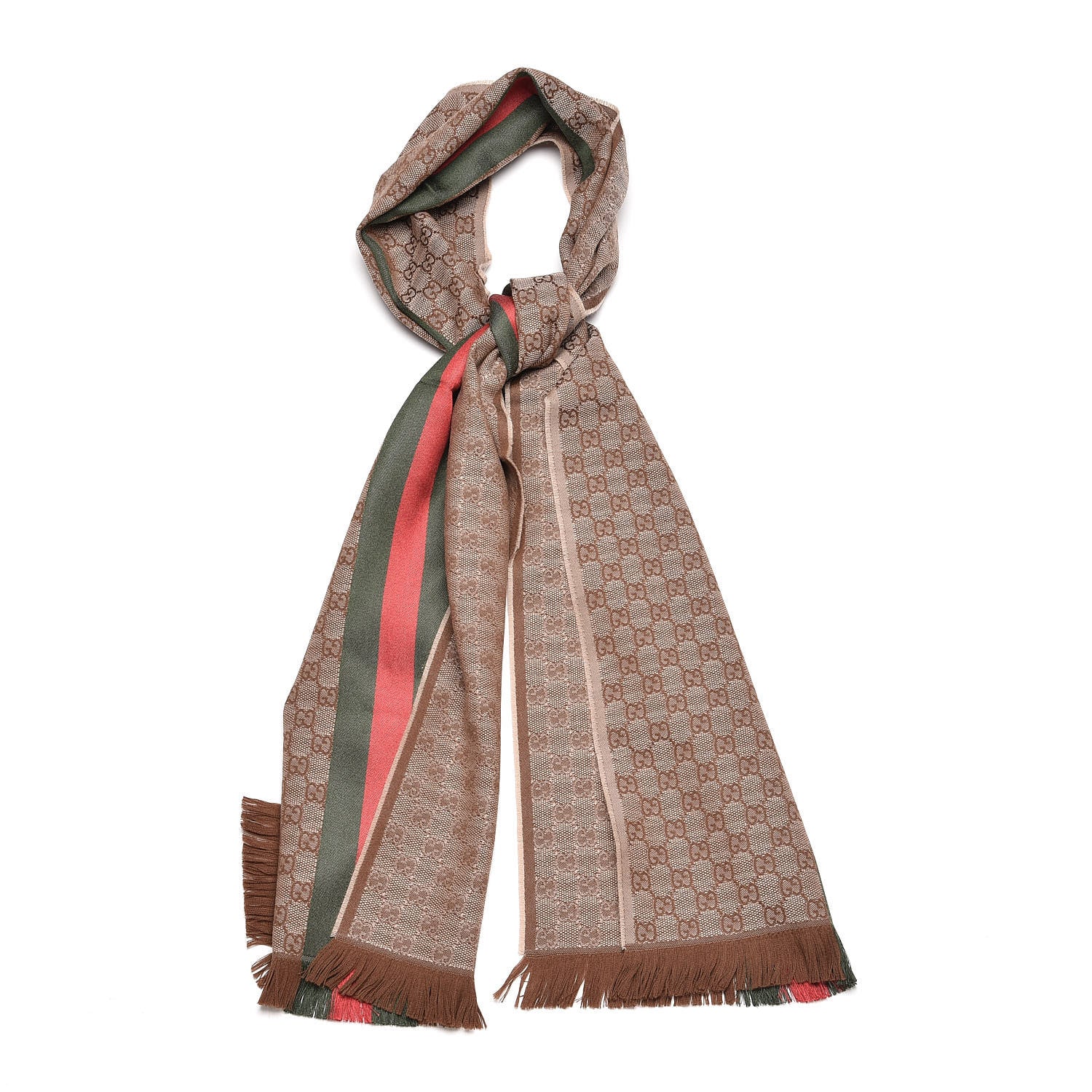 Gucci Wool Silk GG Monogram Web Verbier Fringe Scarf Light Brown Dark Green 1 of 4