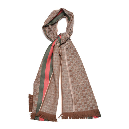 Gucci Wool Silk GG Monogram Web Verbier Fringe Scarf Light Brown Dark Green 1 of 4