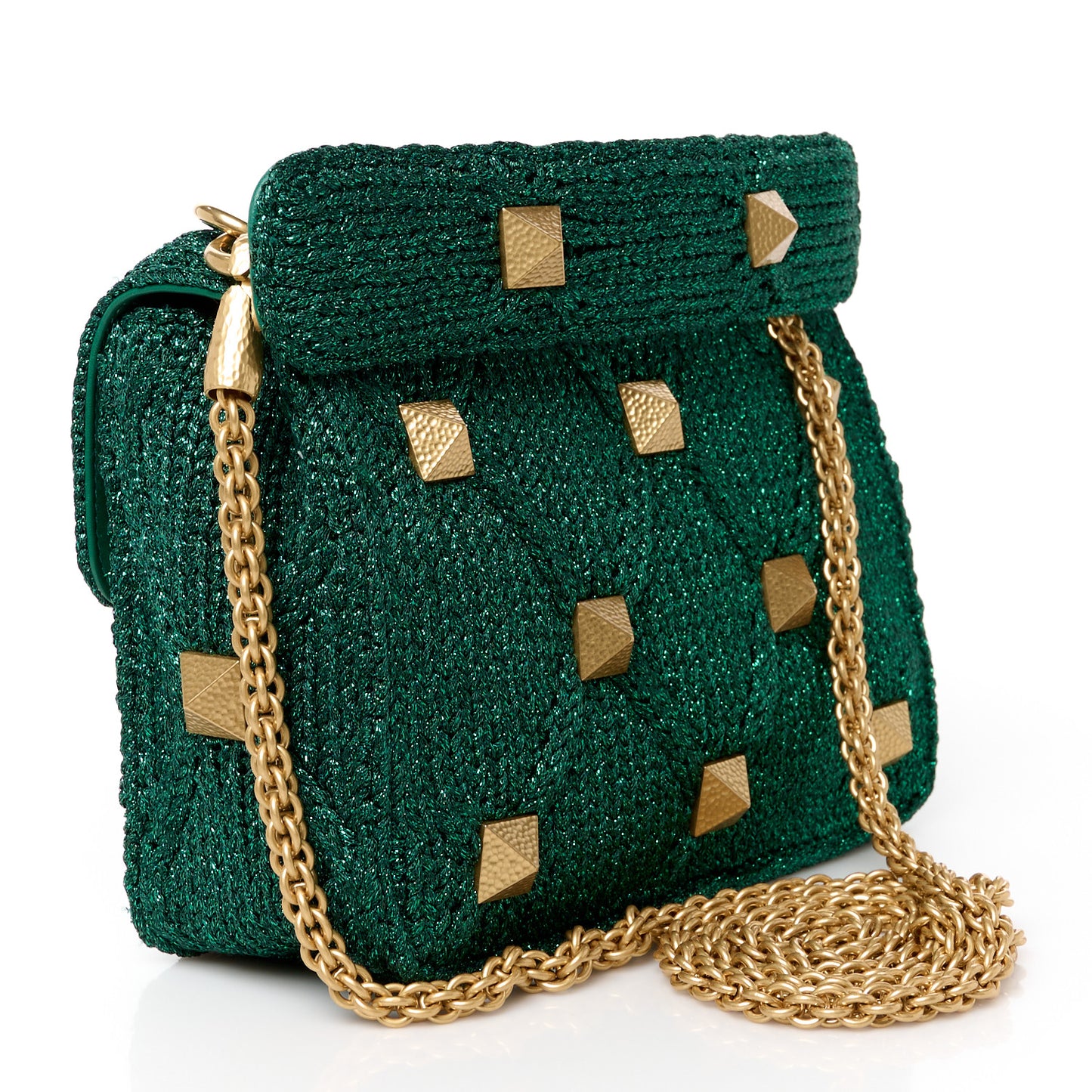 Metallic Woven Lurex Medium Roman Stud Shoulder Bag Jungle