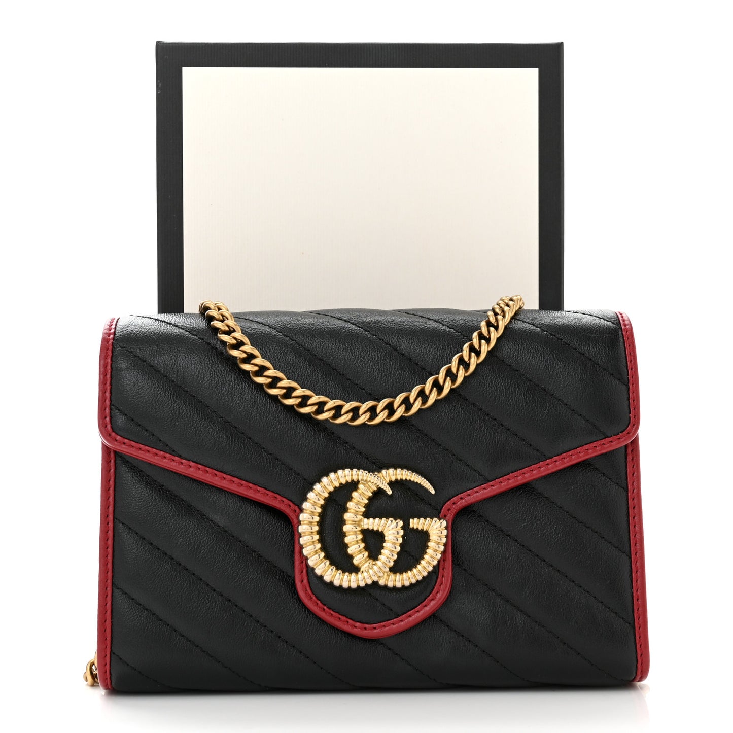 Vintage Effect Calfskin Matelasse Diagonal Torchon GG Marmont Chain Wallet Black Romantic Cherry