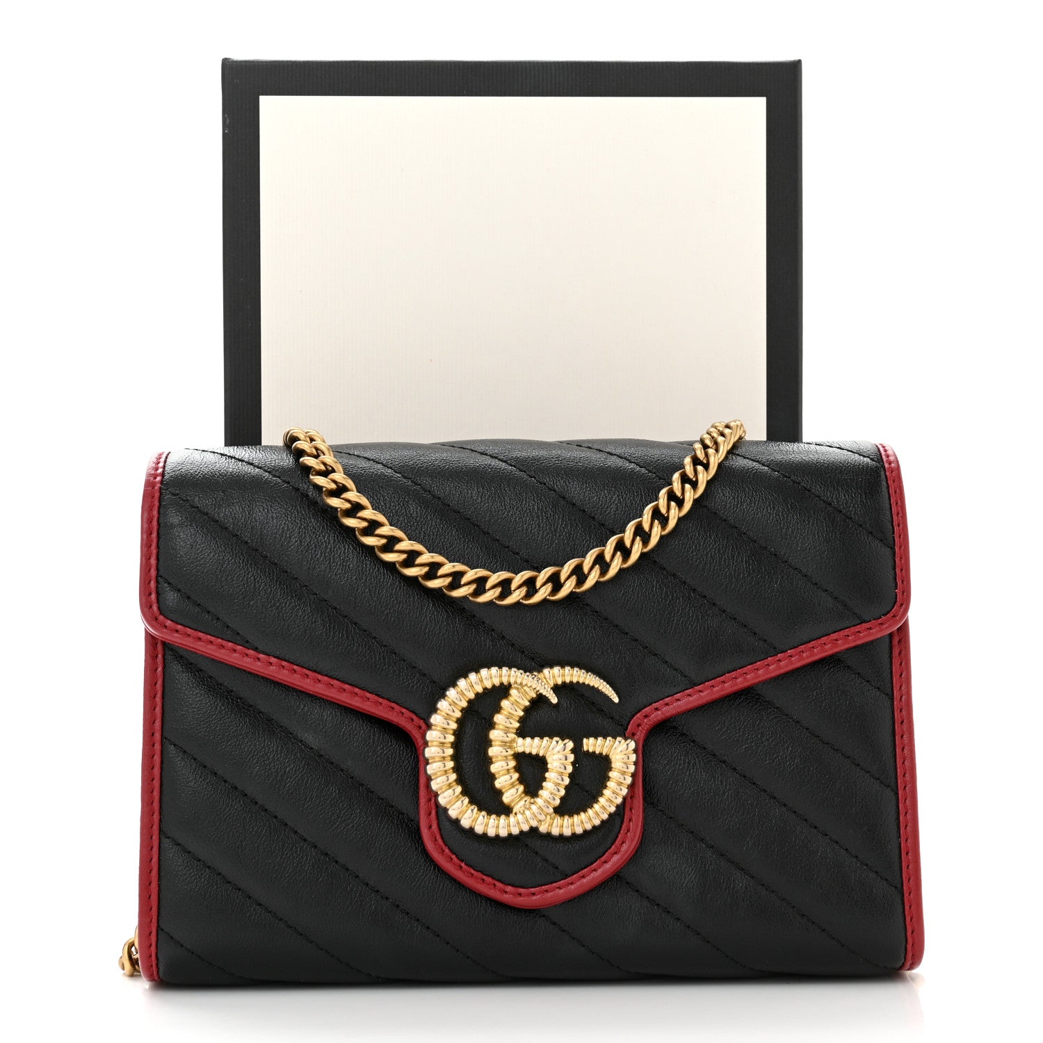 Gucci Vintage Effect Calfskin Matelasse Diagonal Torchon GG Marmont Chain Wallet Black Romantic Cherry 11 of 11