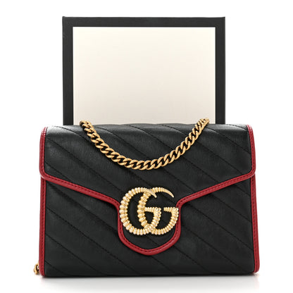 Gucci Vintage Effect Calfskin Matelasse Diagonal Torchon GG Marmont Chain Wallet Black Romantic Cherry 11 of 11