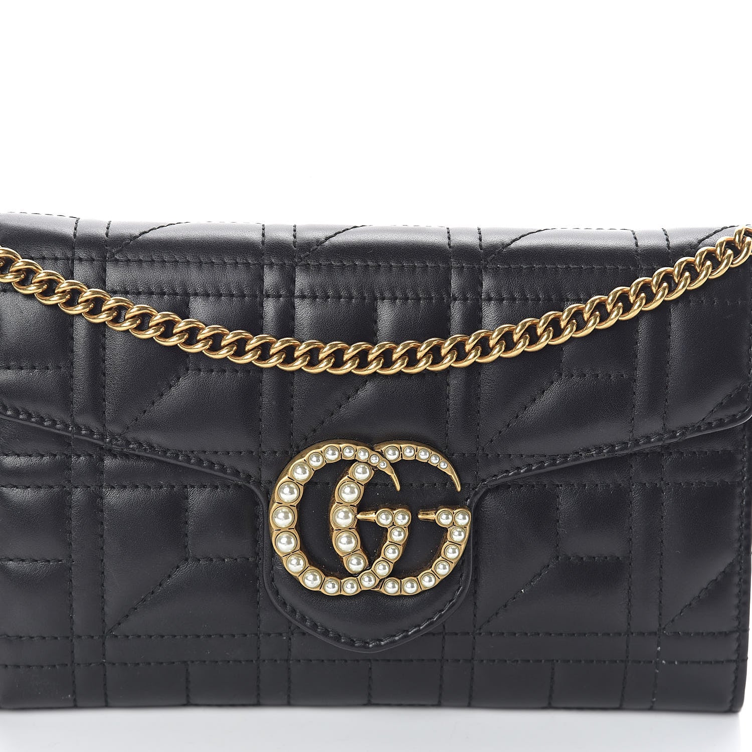 Gucci Calfskin Matelasse Mini Pearly GG Marmont Chain Wallet Black 7 of 9