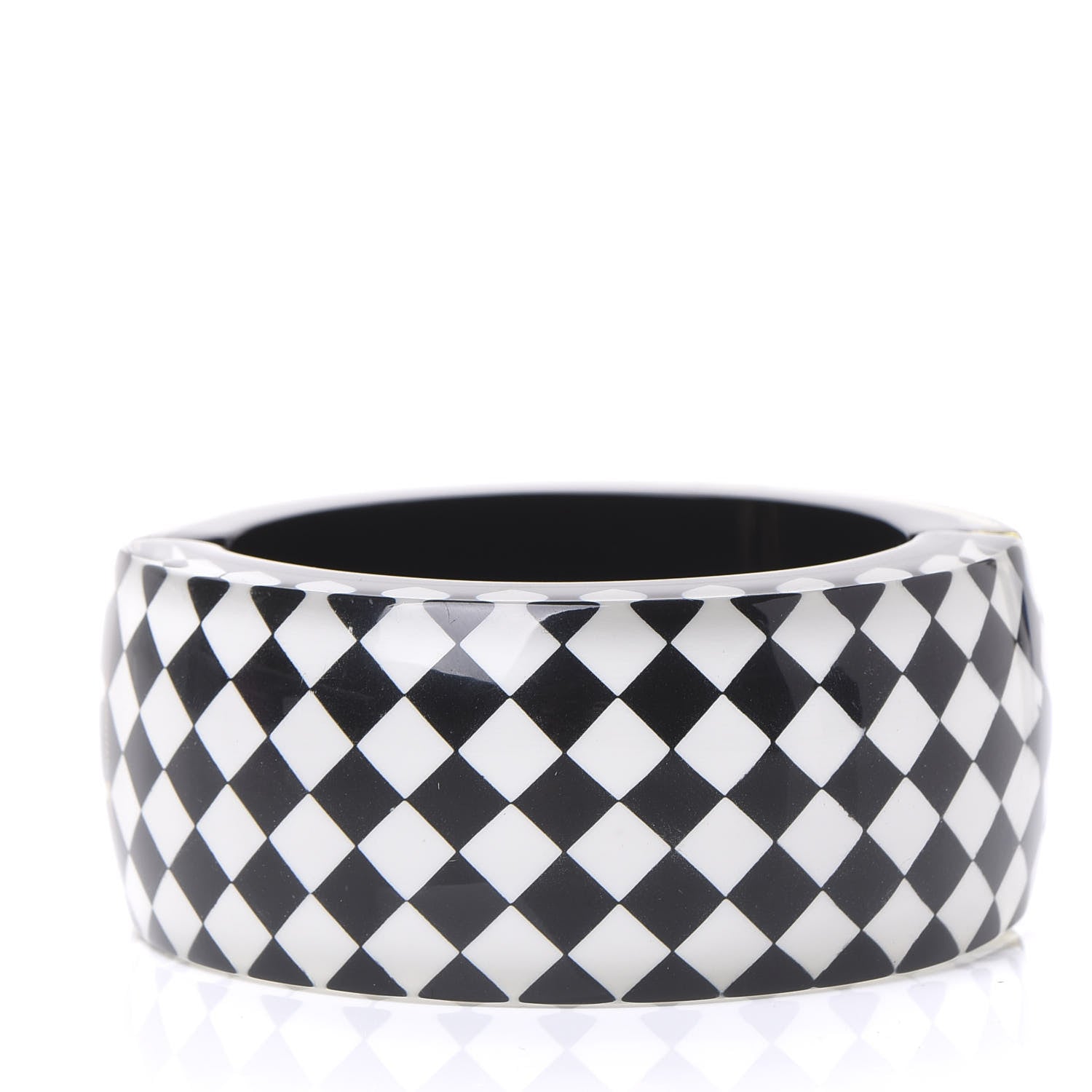 Chanel Resin Pearl Checkered CC Cuff Bangle Black 2 of 6