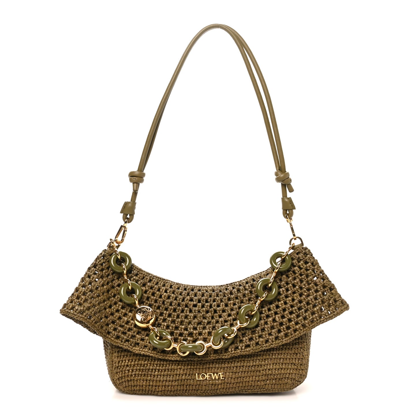 Raffia Calfskin Donut Chain Medium Ola Shoulder Bag Dark Khaki