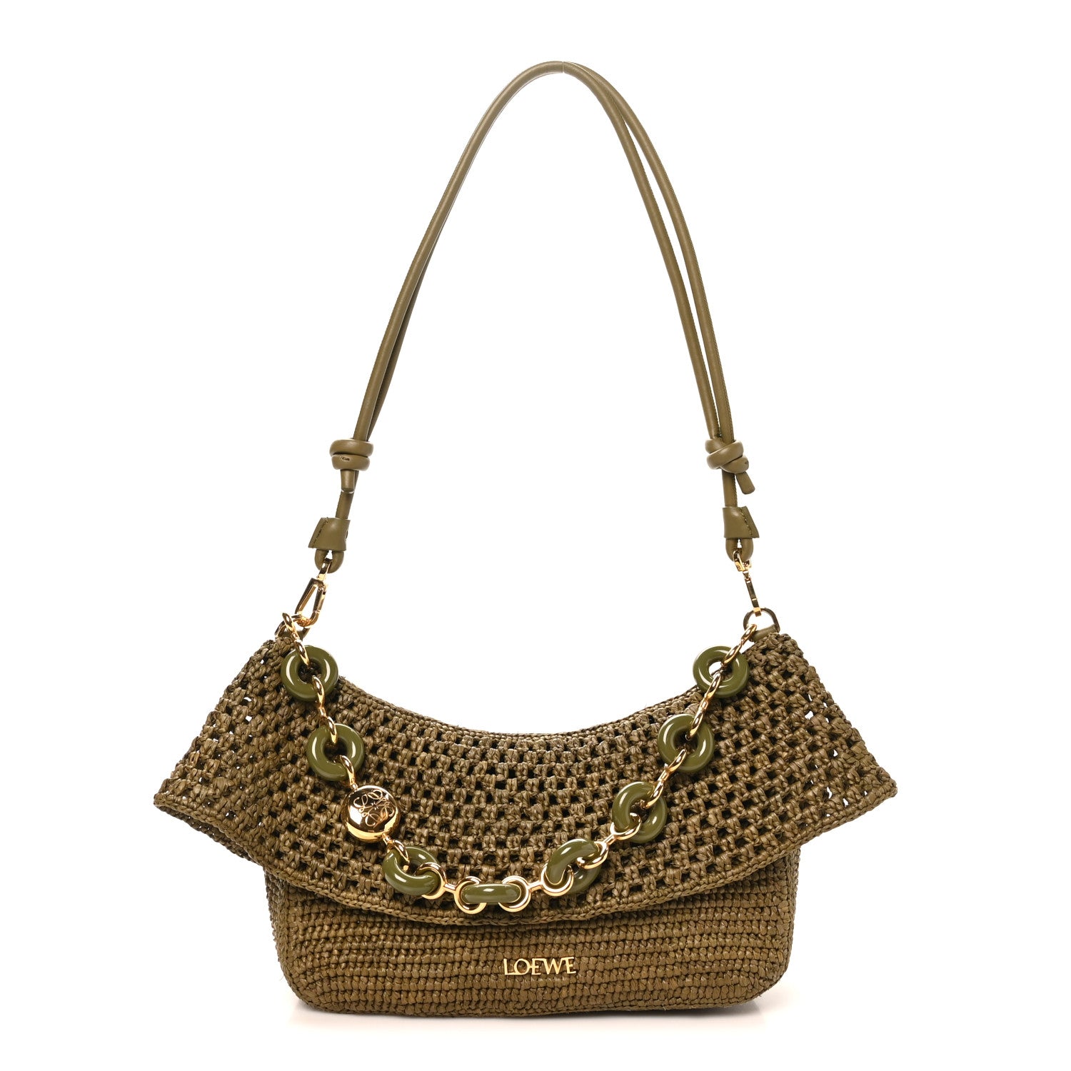 Loewe Raffia Calfskin Donut Chain Medium Ola Shoulder Bag Dark Khaki 1 of 8