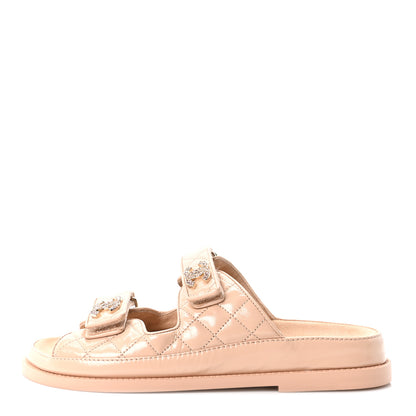 Chanel Shiny Calfskin Quilted Velcro Dad Crystal CC Slide Sandals 38 Beige 1 of 9