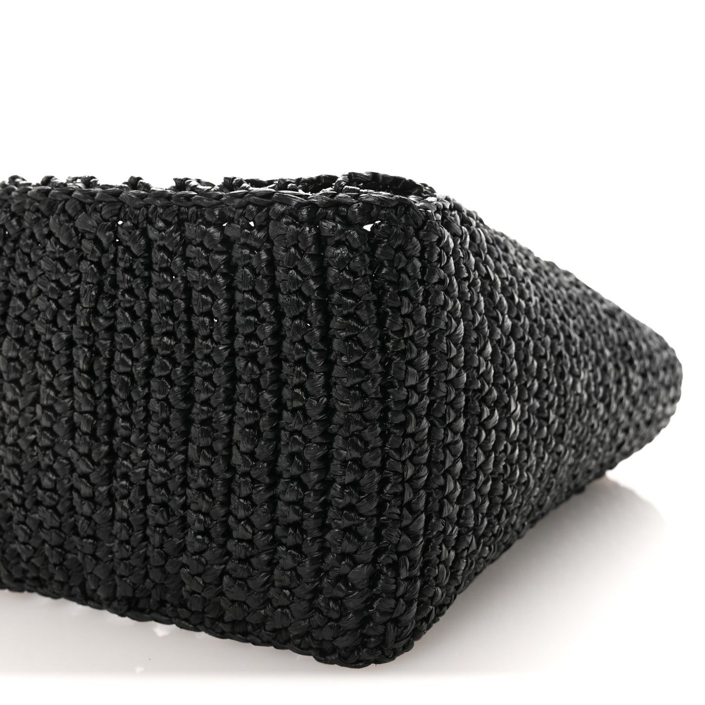 Yarn Raffia Effect Crochet Logo Embroidered Small Tote Bag Black