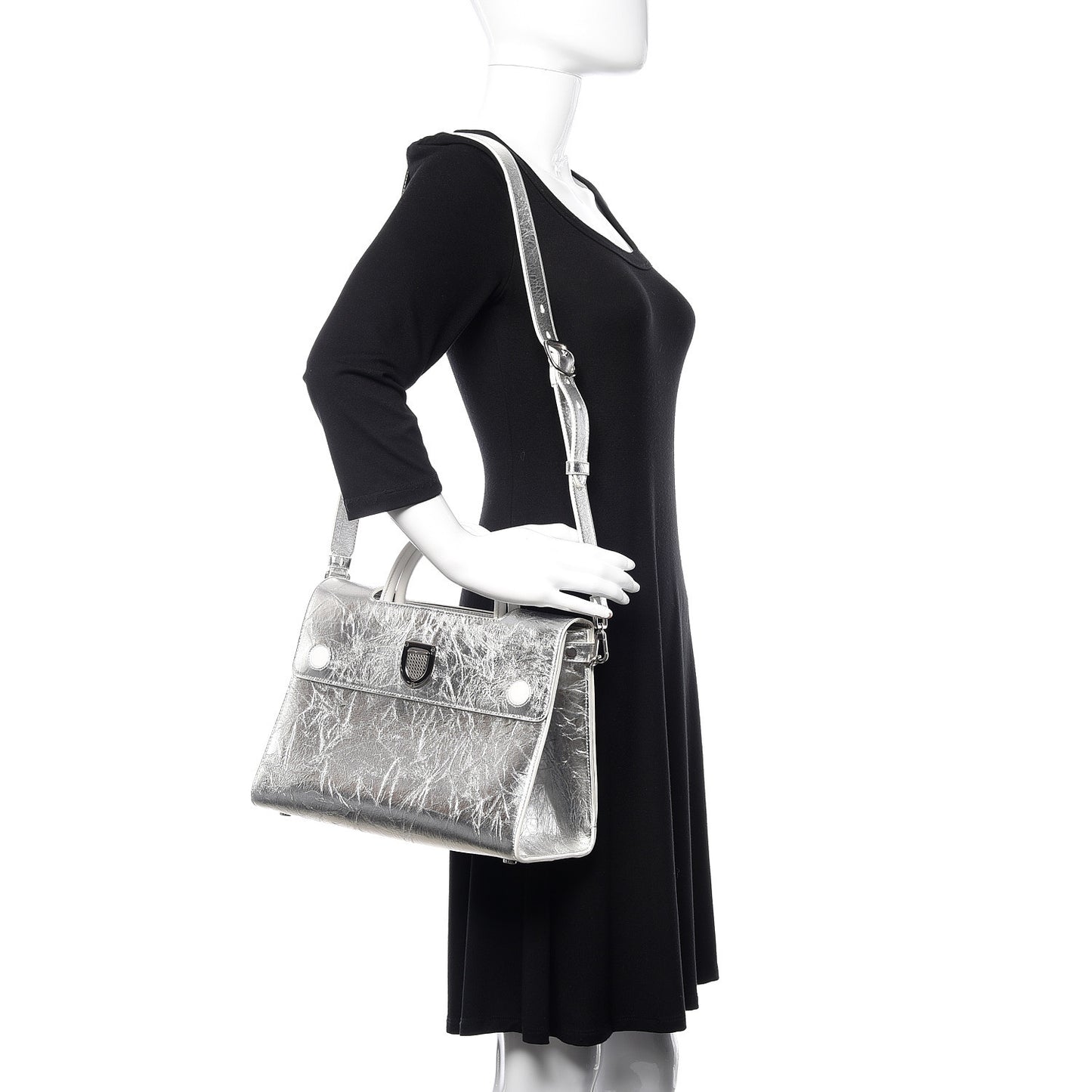 Metallic Calfskin Medium Diorever Flap Silver