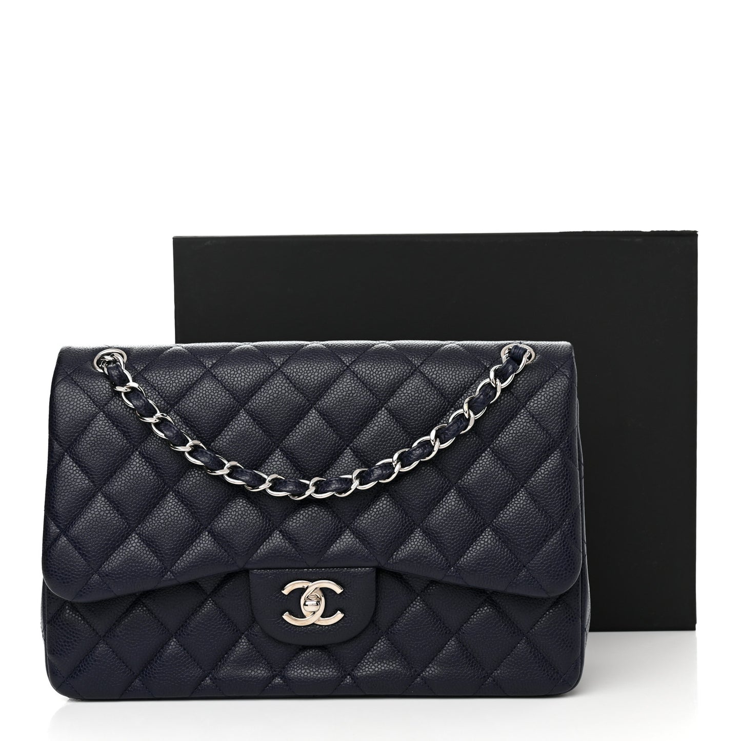 Caviar Quilted Jumbo Double Flap Navy Blue