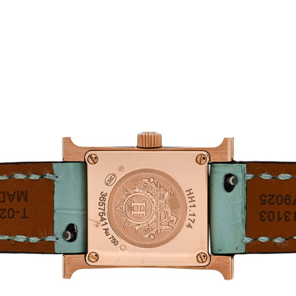 Hermes 18K Rose Gold Alligator Diamond Bezel Amazonite 17.2mm Heure H Hour Quartz Watch Bleu Aqua 4 of 5