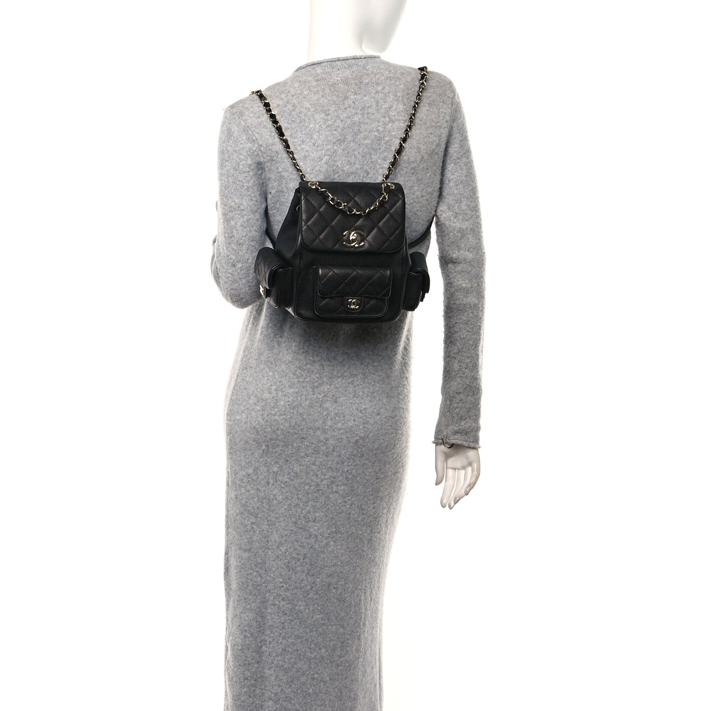 Shiny Caviar Quilted Small Pockets Drawstring Backpack Black