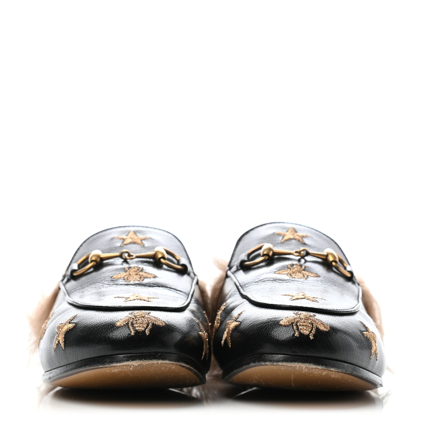 Goatskin Fur Bee Star Embroidered Womens Princetown Slippers 37.5 Black