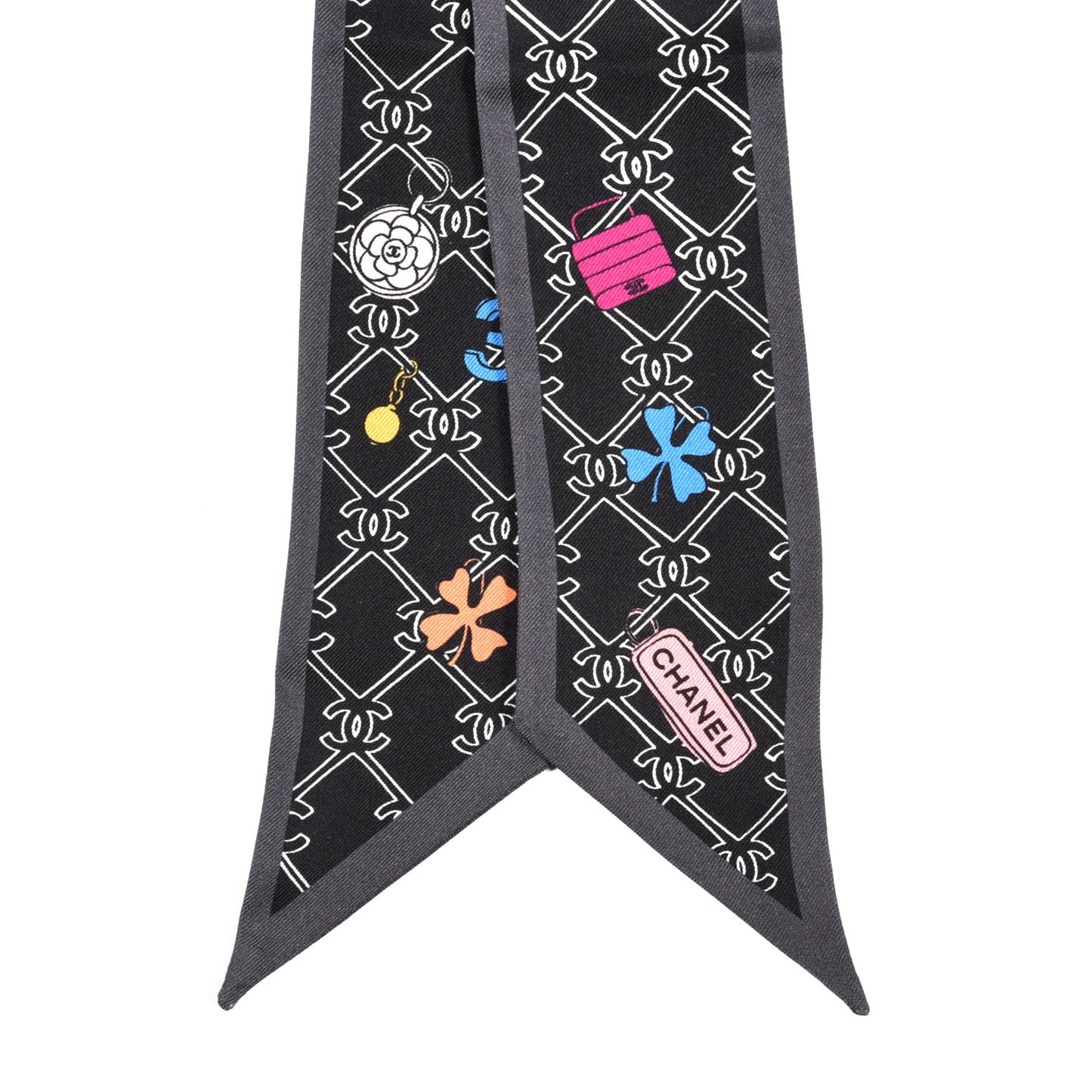 Silk CC Charms Slim Bandeau Scarf Ecru Black