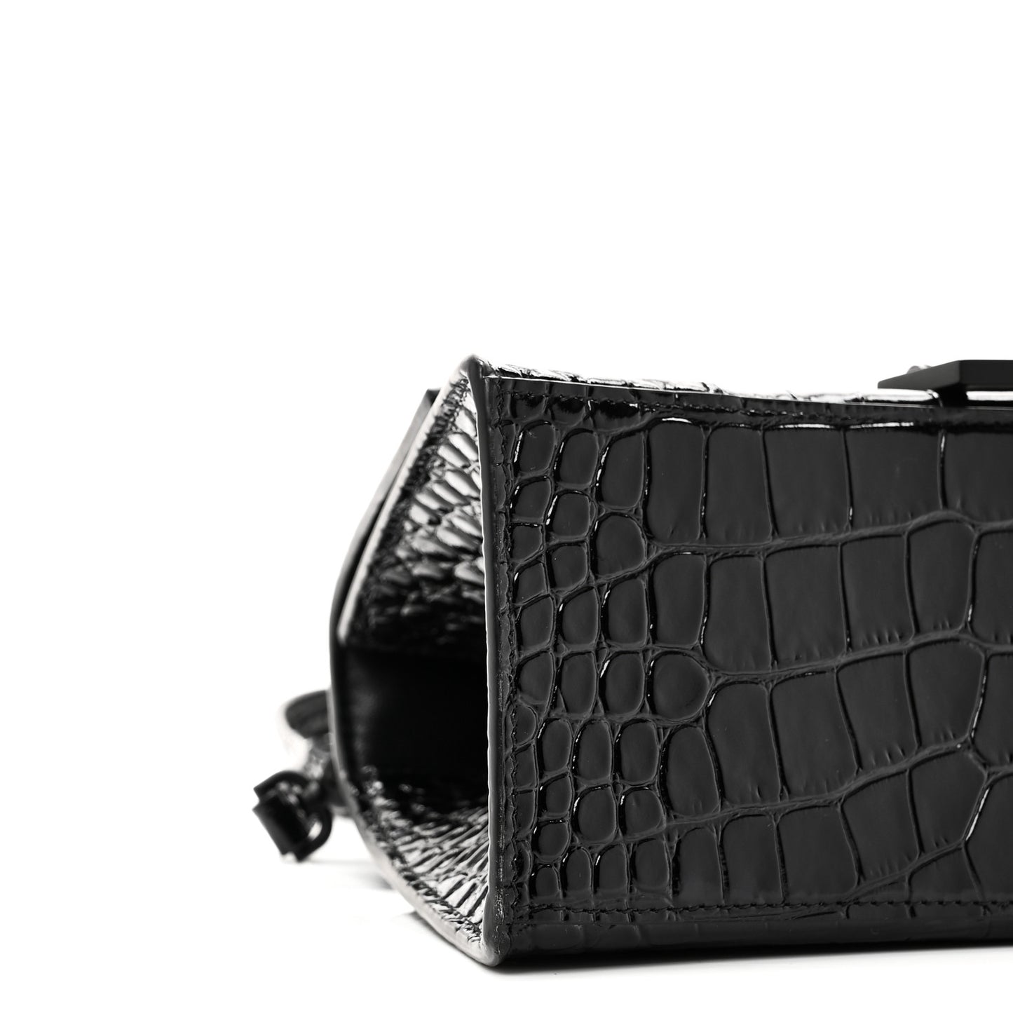 Shiny Calfskin Monochrome Crocodile Embossed Small Hourglass Top Handle Bag Black