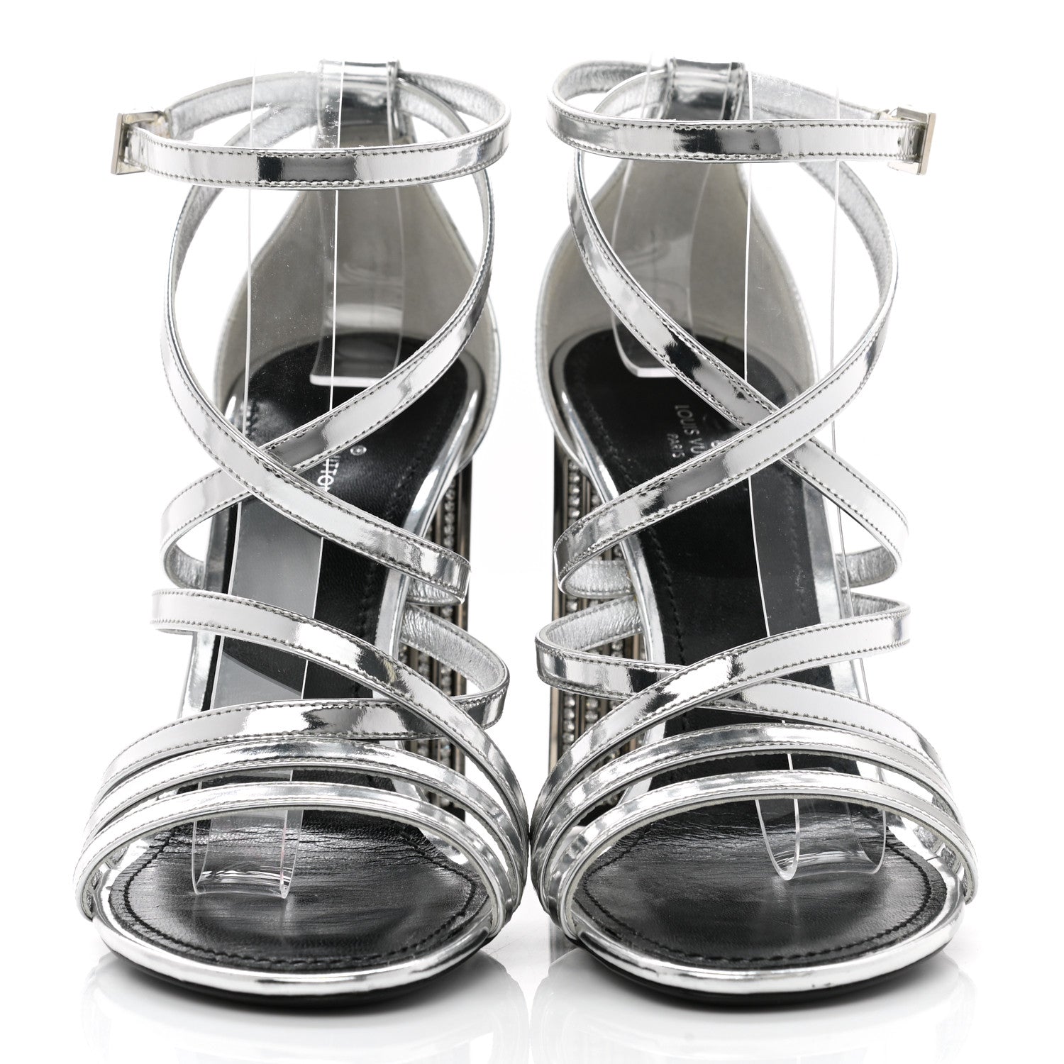 Louis Vuitton Metallic Patent Crystal Silhouette Criss Cross Sandals 39 Silver 2 of 8