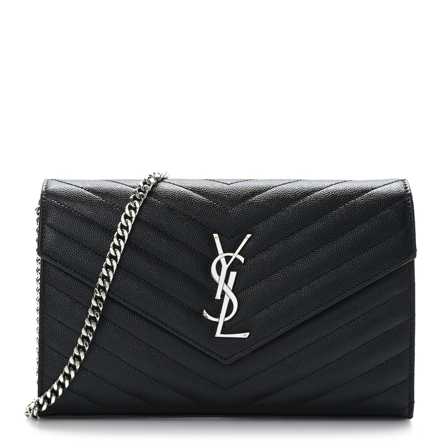 Saint Laurent Grain De Poudre Matelasse Chevron Monogram Chain Wallet Black 1 of 8
