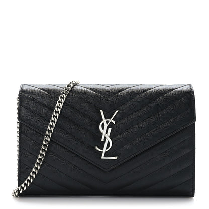 Saint Laurent Grain De Poudre Matelasse Chevron Monogram Chain Wallet Black 1 of 8