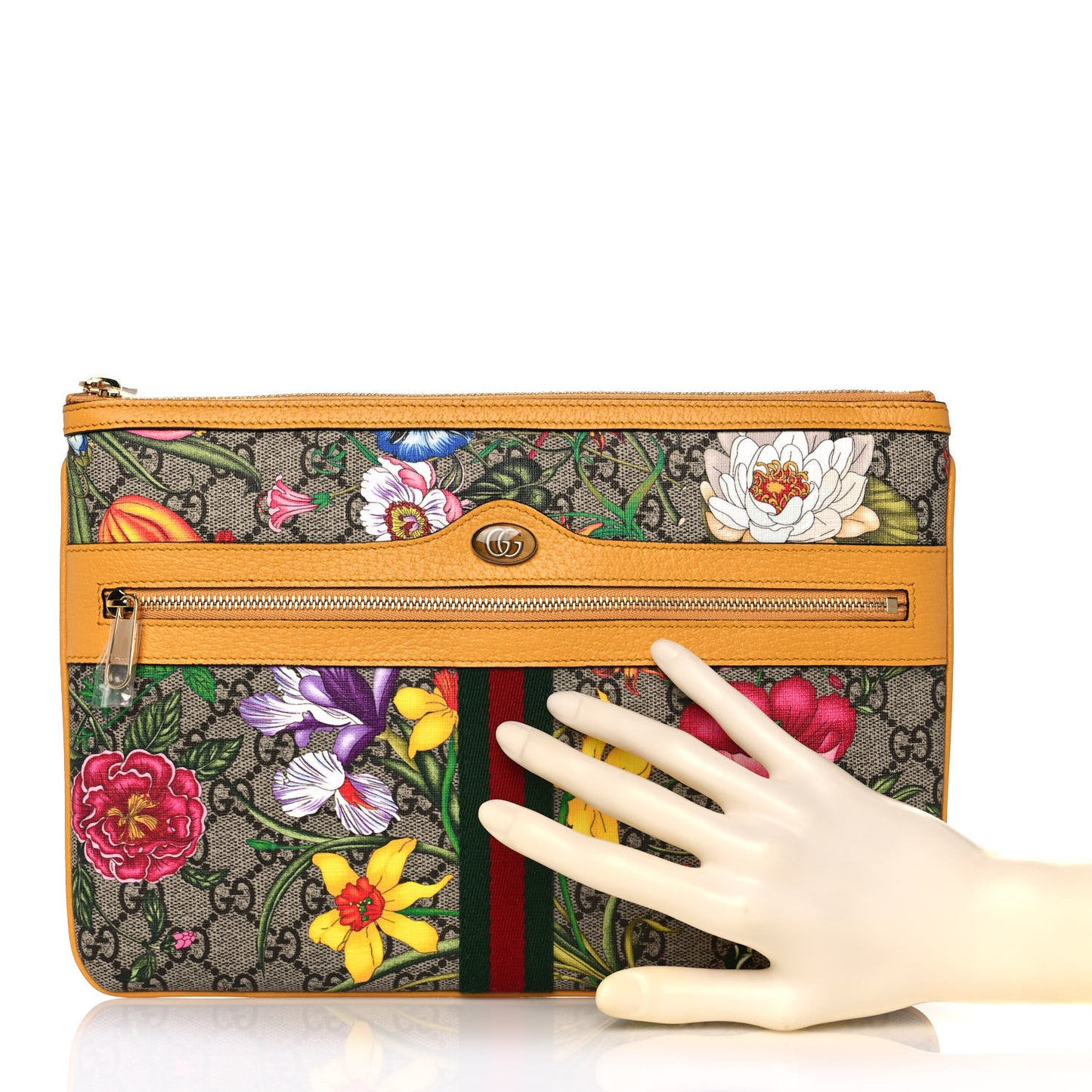 GG Supreme Monogram Flora Large Ophidia Pouch Clutch Beige Multicolor Crop
