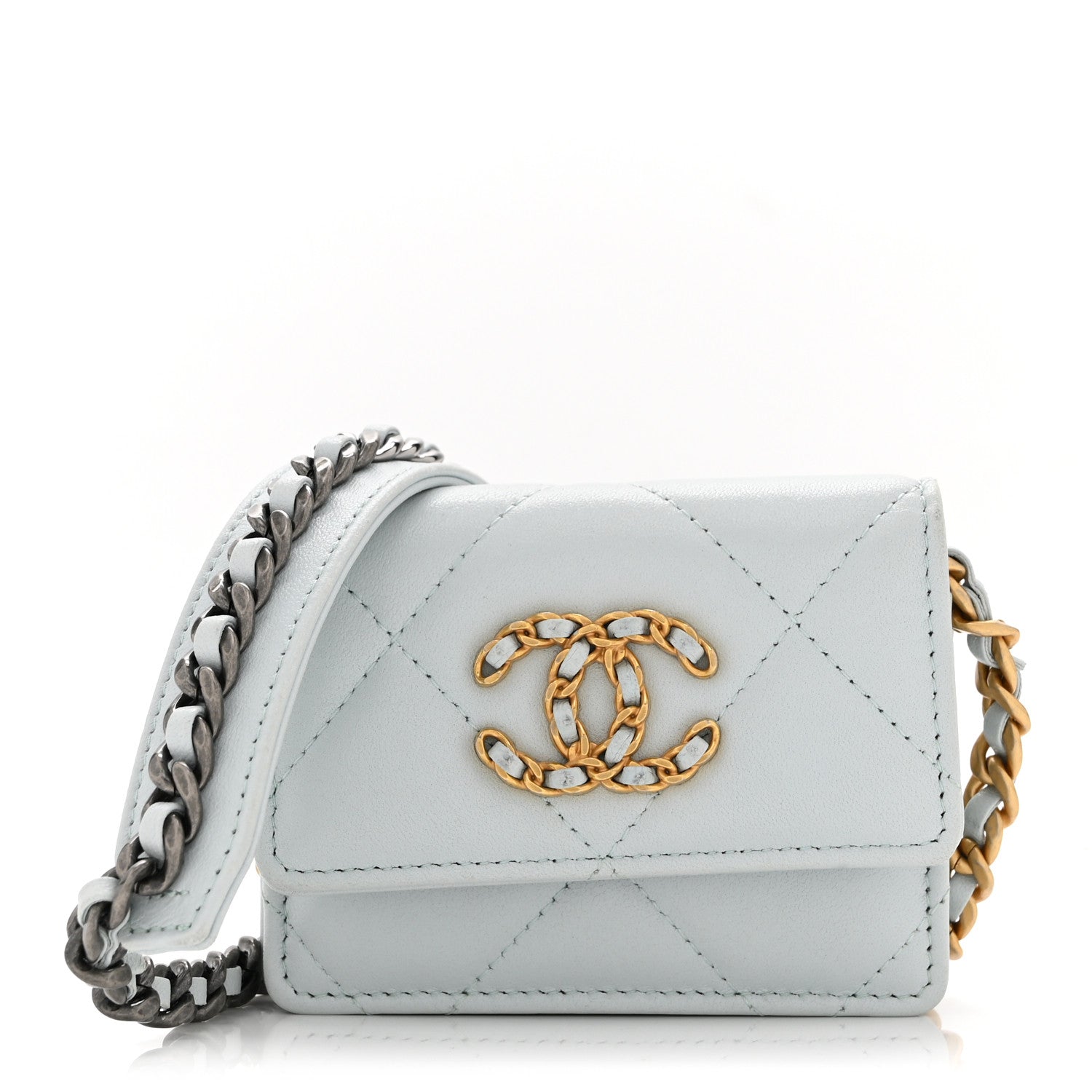 Chanel Lambskin Quilted Chanel 19 Flap Card Holder With Chain Light Blue 1 of 11