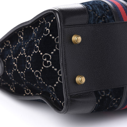 Gucci Velvet GG Monogram Textured Calfskin Web Medium Duffle Bag Blue Beige Black 5 of 9