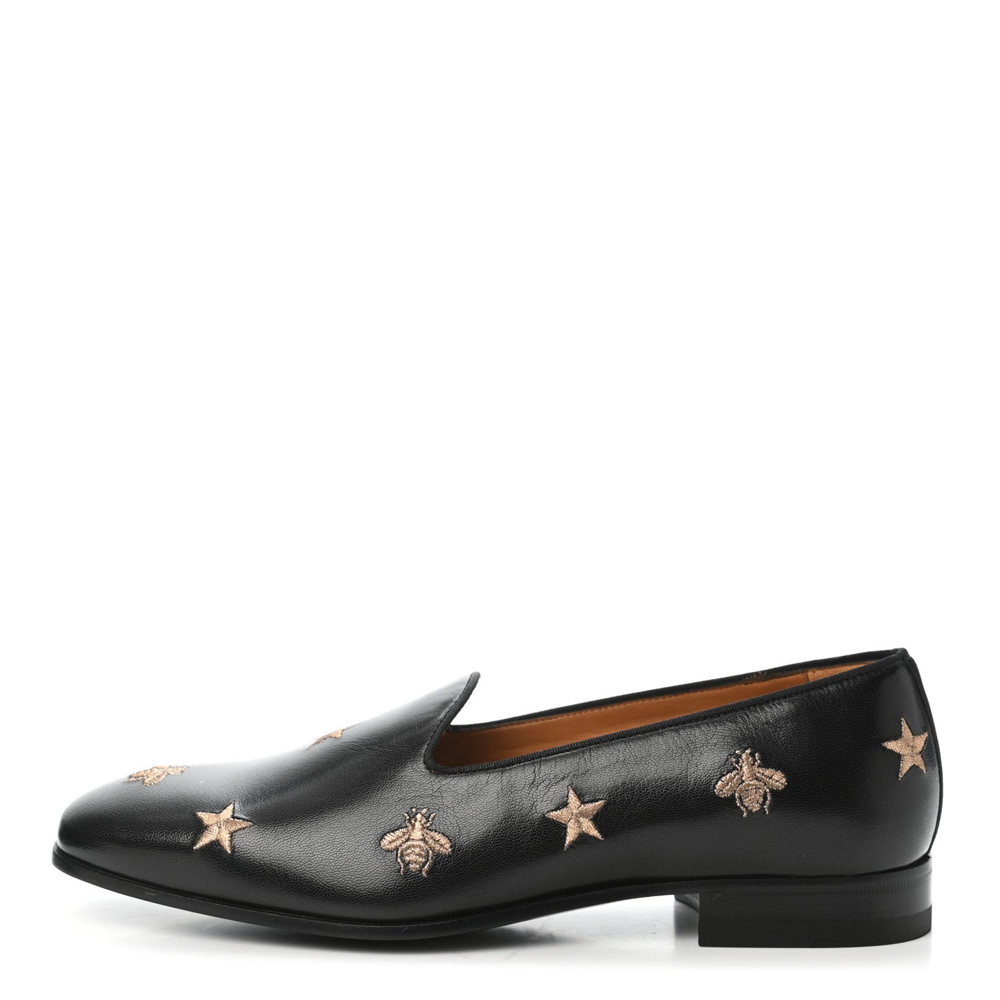 Calfskin Bee Star Embroidered Mens Slip On Loafers 6 Black