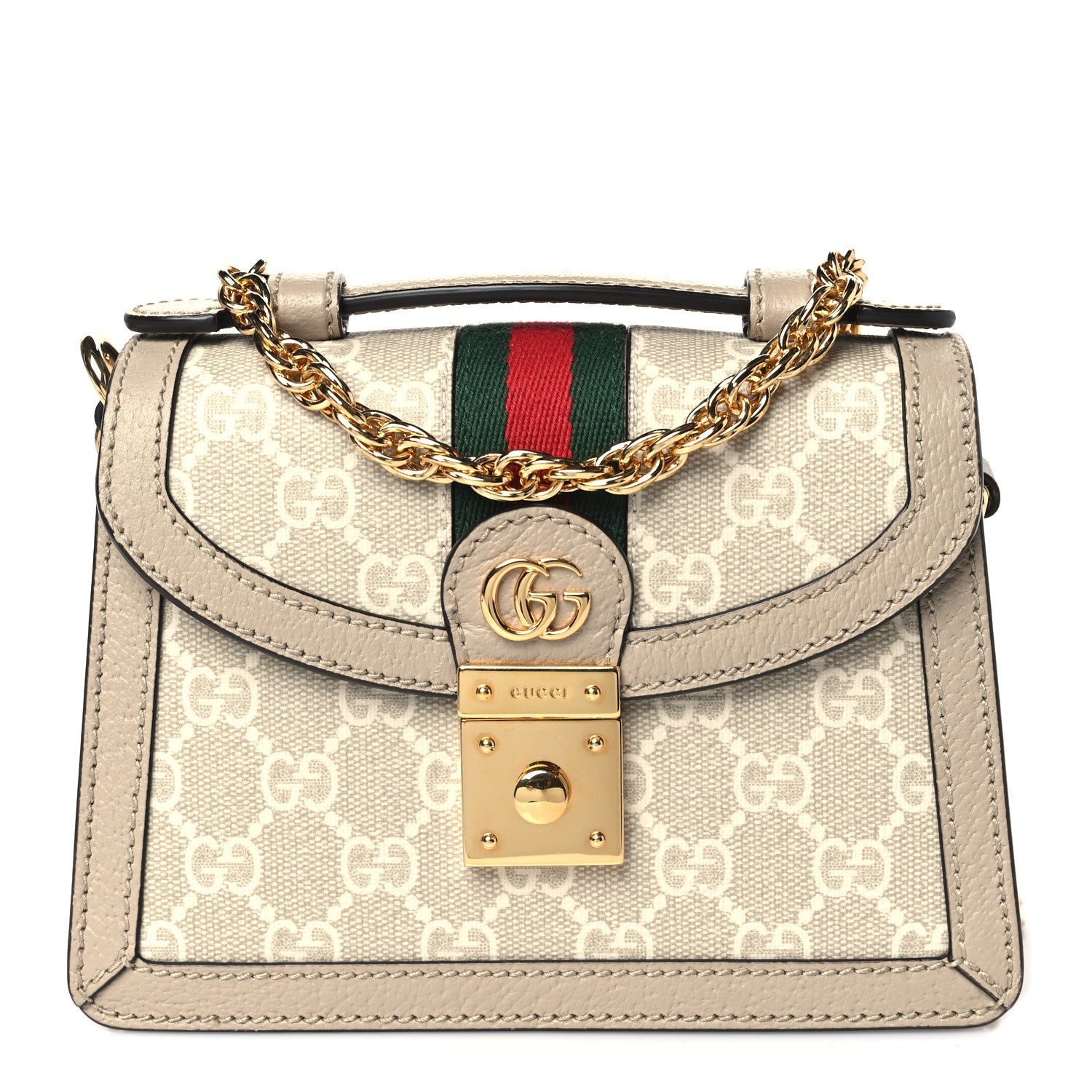 Gucci GG Supreme Monogram Textured Dollar Calfskin Web Mini Ophidia Padlock Top Handle Chain Shoulder Bag Beige Mystic White Oatmeal 1 of 9