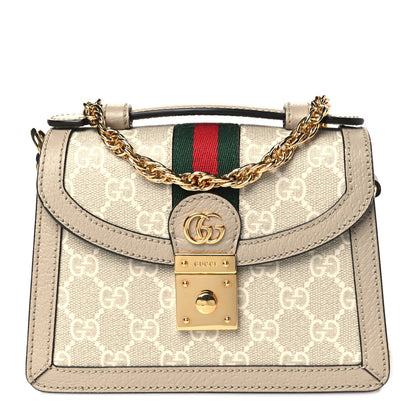 Gucci GG Supreme Monogram Textured Dollar Calfskin Web Mini Ophidia Padlock Top Handle Chain Shoulder Bag Beige Mystic White Oatmeal 1 of 9