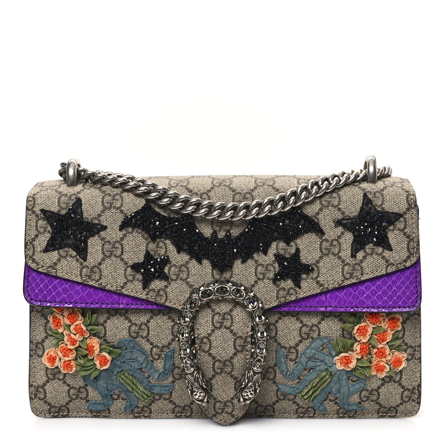 GG Supreme Monogram Snakeskin Bat Embroidered Small Dionysus Shoulder Bag Purple
