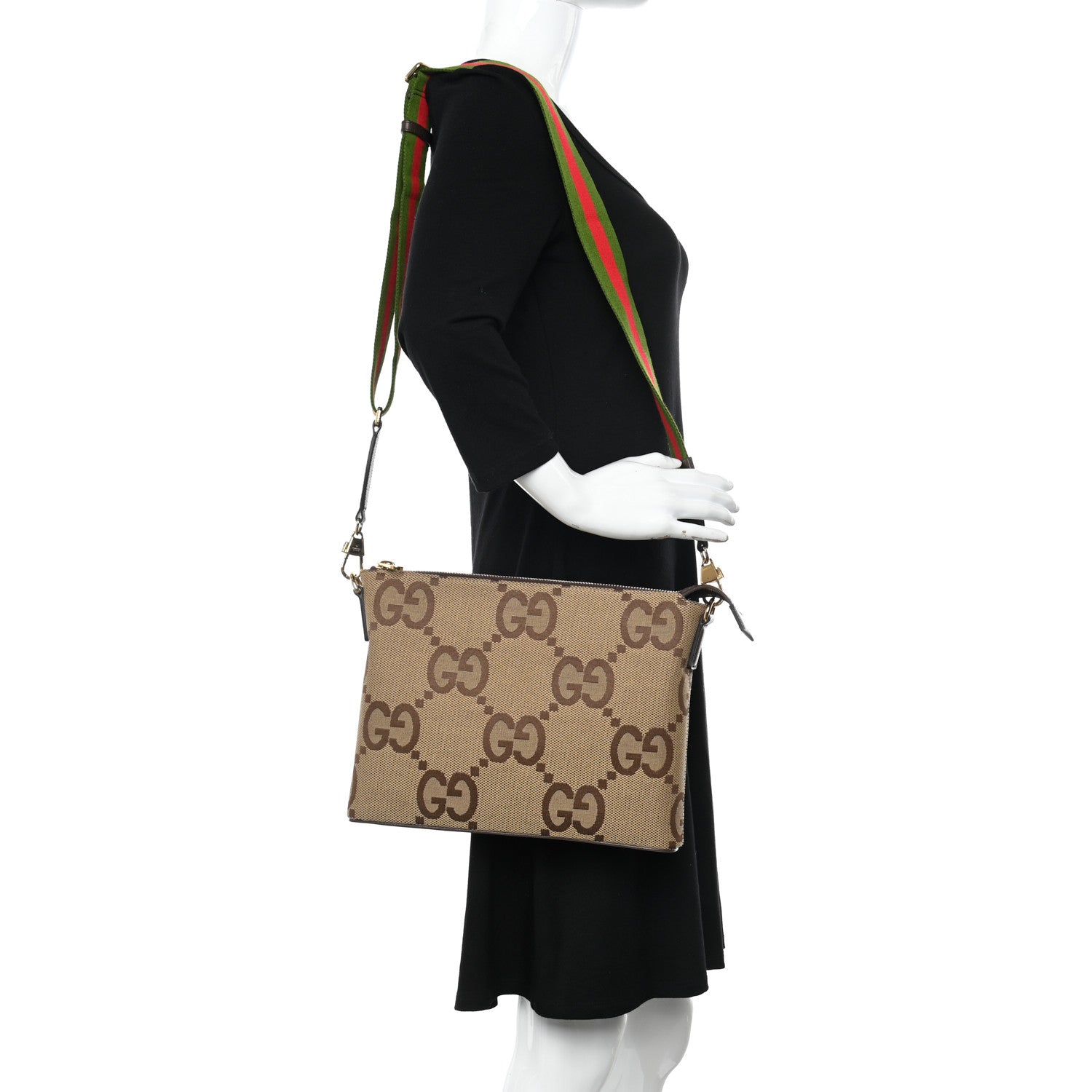 Gucci Monogram Jumbo GG Textured Dollar Calfskin Web Wristlet Messenger Bag Camel Ebony New Acero 2 of 9