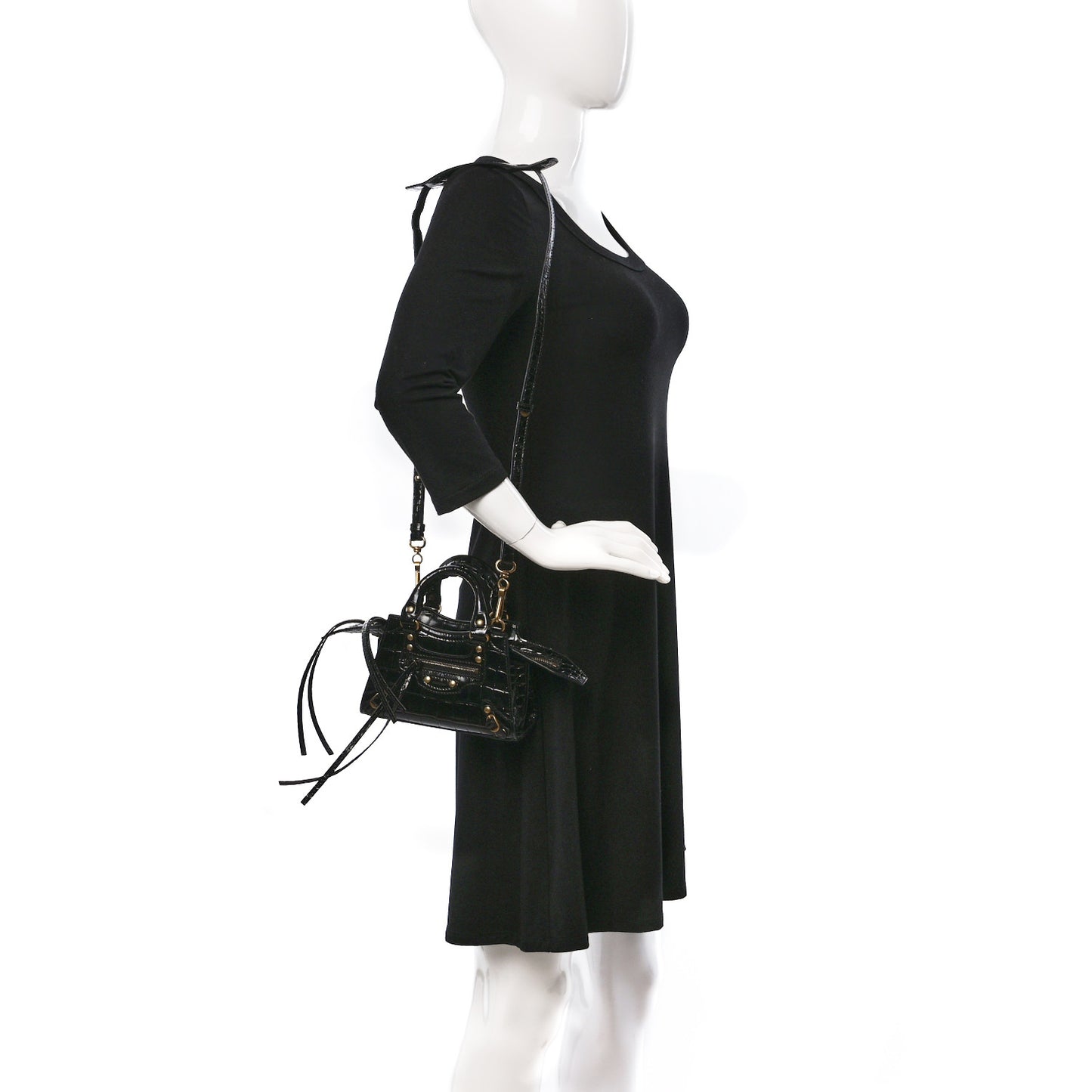 Shiny Supple Calfskin Crocodile Embossed Neo Classic Gold Hardware Nano City Crossbody Black