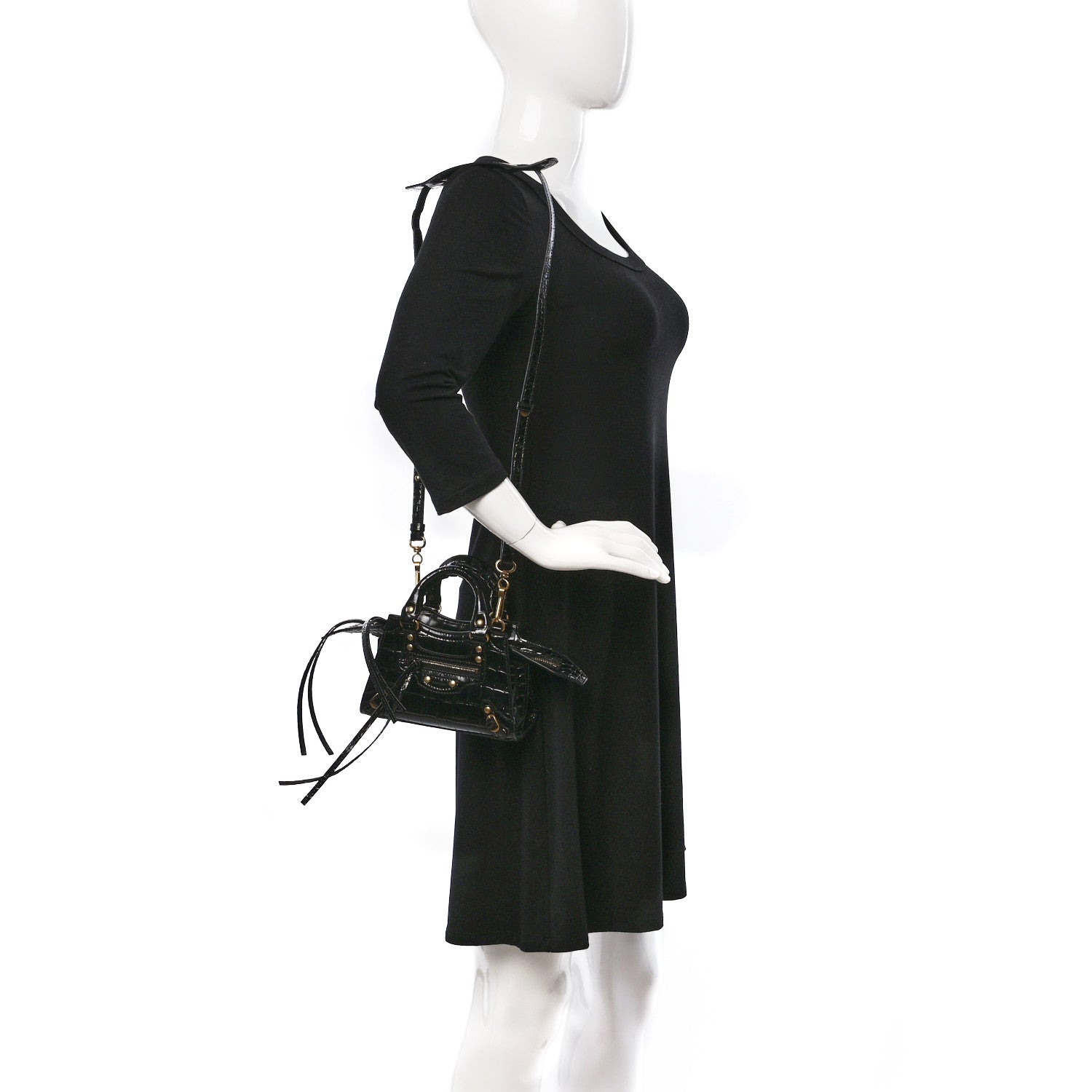 Balenciaga Shiny Supple Calfskin Crocodile Embossed Neo Classic Gold Hardware Nano City Crossbody Black 2 of 8