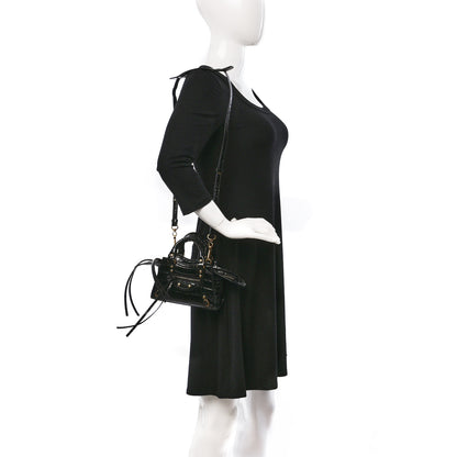 Balenciaga Shiny Supple Calfskin Crocodile Embossed Neo Classic Gold Hardware Nano City Crossbody Black 2 of 8