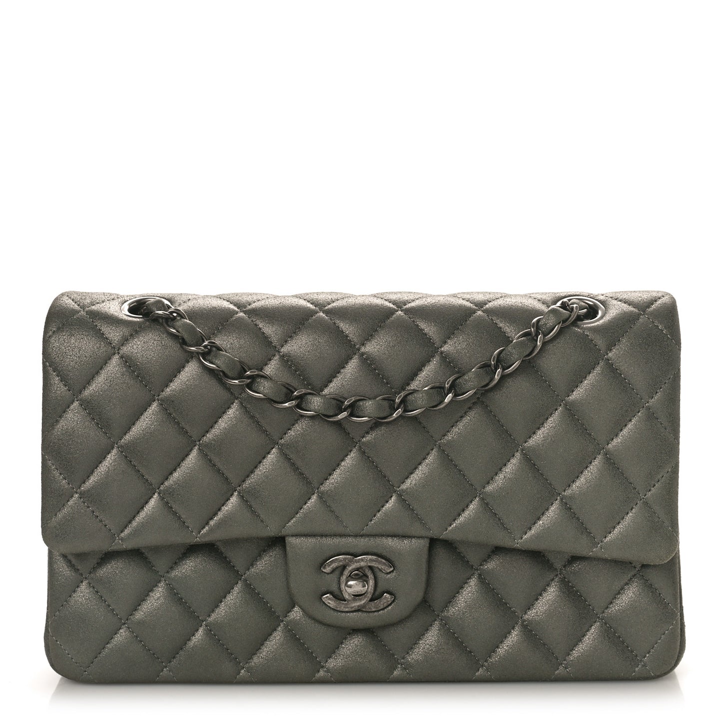 Iridescent Lambskin Quilted Medium Double Flap Charcoal Grey