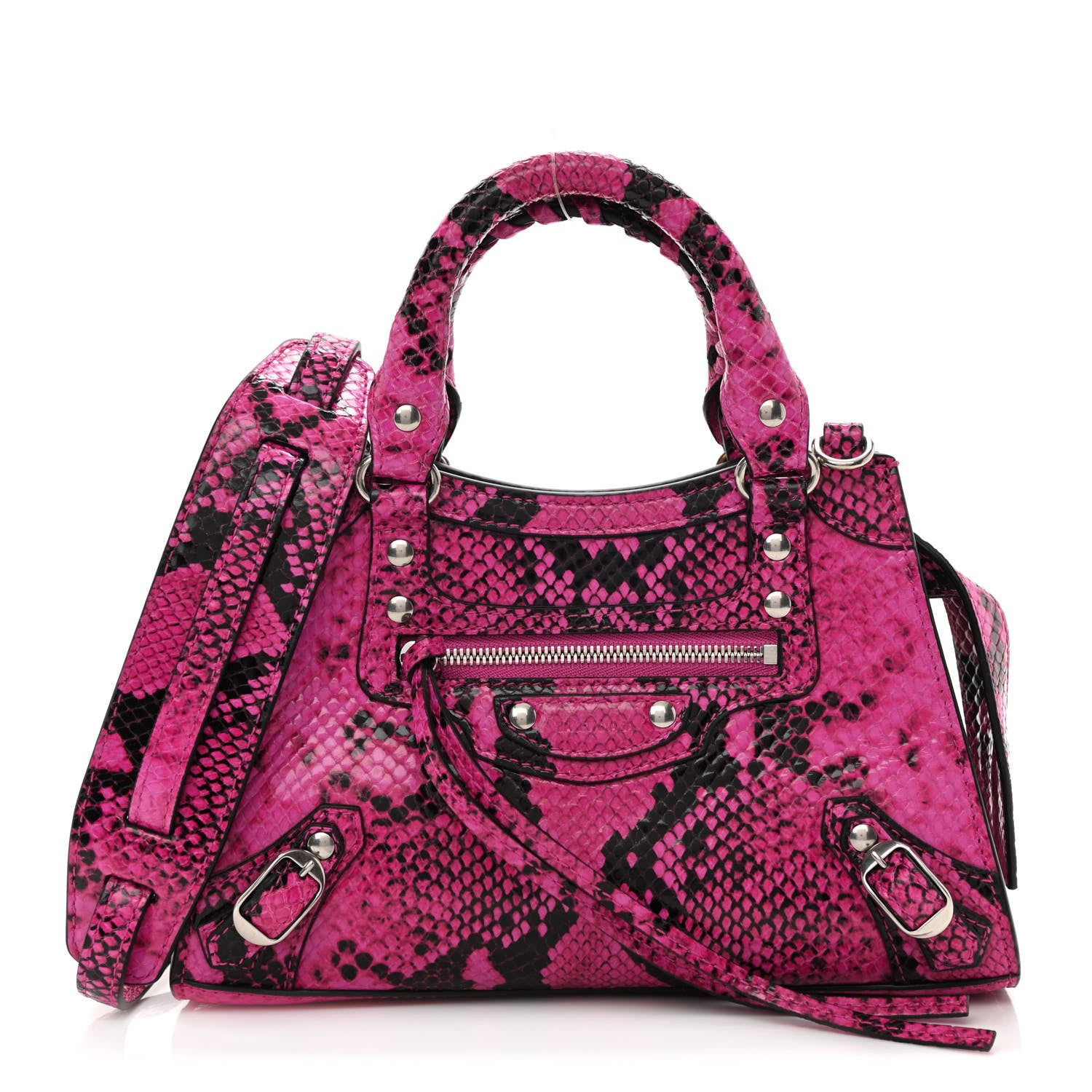 Balenciaga Calfskin Python Effect Neo Classic Silver Hardware Mini City Fuchsia Black 1 of 11