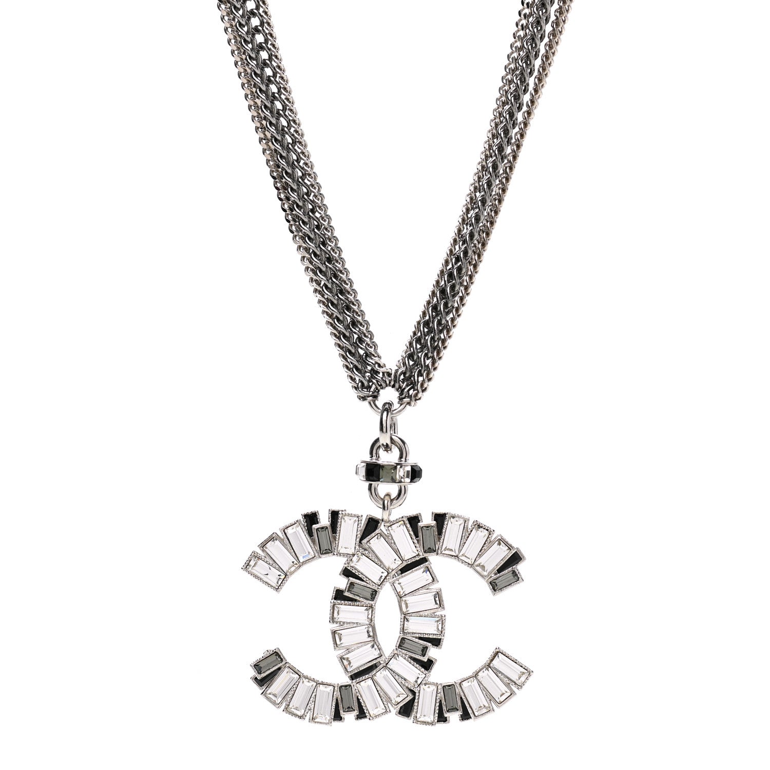 Chanel Baguette Crystal CC Multi Strand Pendant Necklace Silver 1 of 4