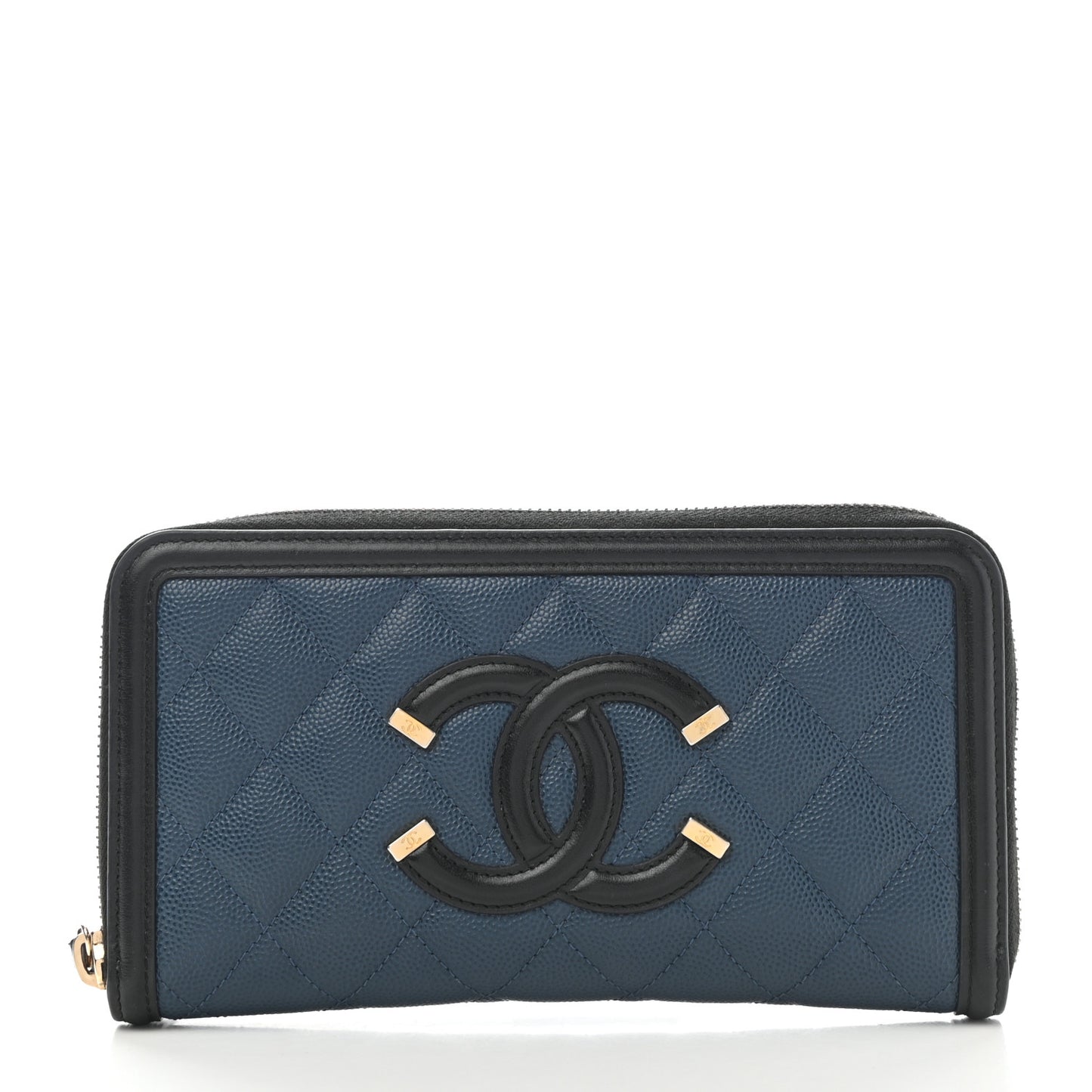 Caviar Quilted Filigree Zip Around Wallet Navy Black