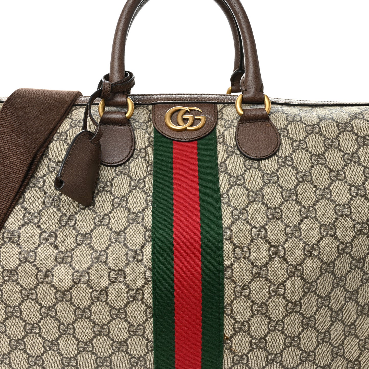 GG Supreme Monogram Textured Dollar Calfskin Web Medium Ophidia Carry-On Duffle Bag Beige Ebony New Acero