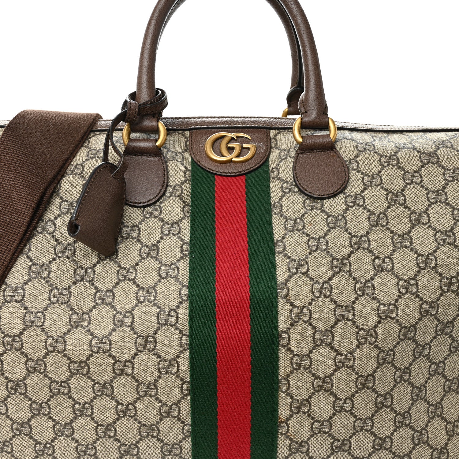 Gucci GG Supreme Monogram Textured Dollar Calfskin Web Medium Ophidia Carry-On Duffle Bag Beige Ebony New Acero 7 of 9
