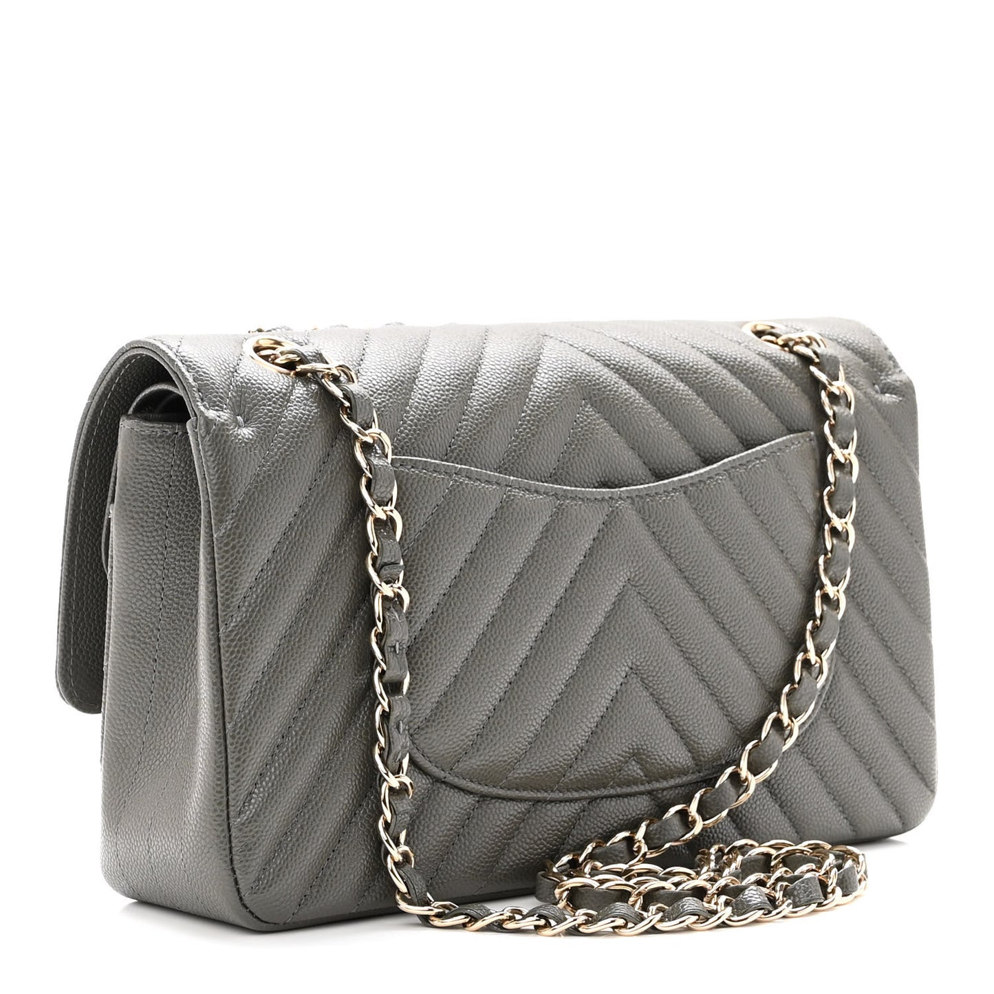 Caviar Chevron Quilted Medium Double Flap Dark Grey