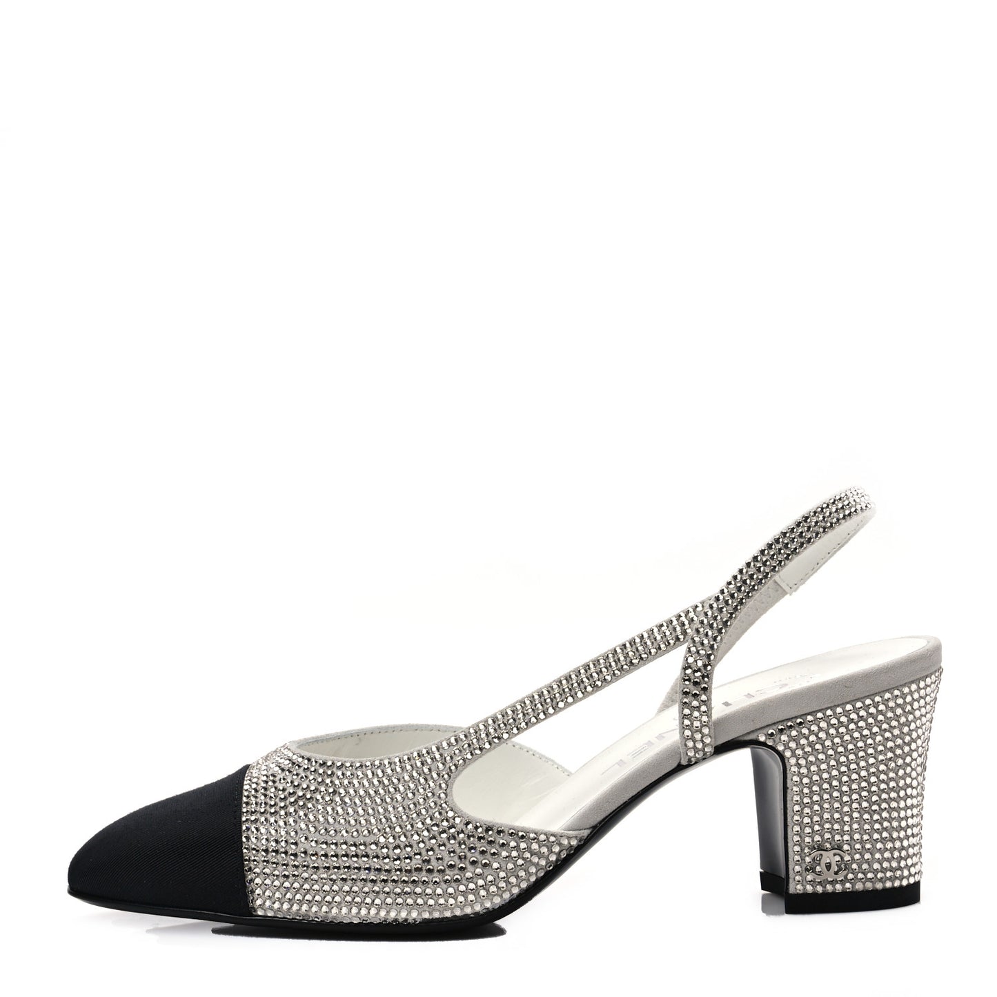 Strass Grosgrain Cap Toe CC Slingback Pumps 37 Silver Black