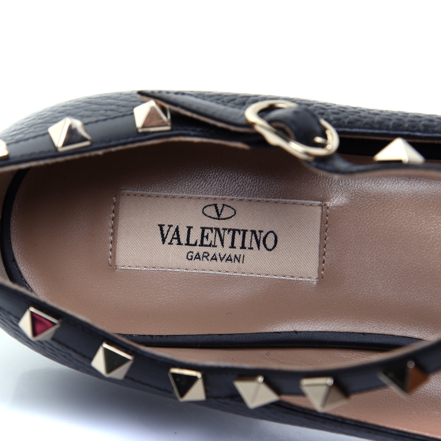 Pebbled Calfskin Rockstud Ankle Strap Ballerina Flats 38 Black