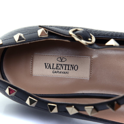 Valentino Garavani Pebbled Calfskin Rockstud Ankle Strap Ballerina Flats 38 Black 7 of 14